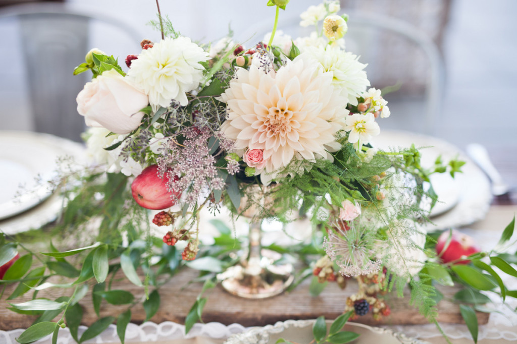 rustic centerpiece dahlias blush and blackberries