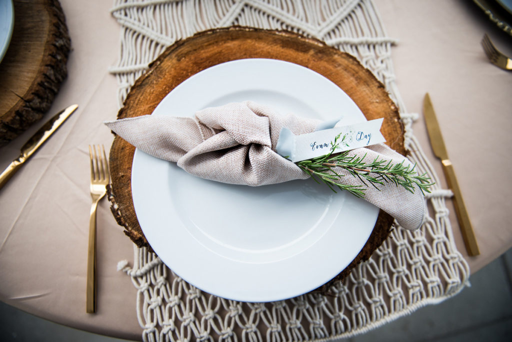 taupe wheat linen herb placecard seating