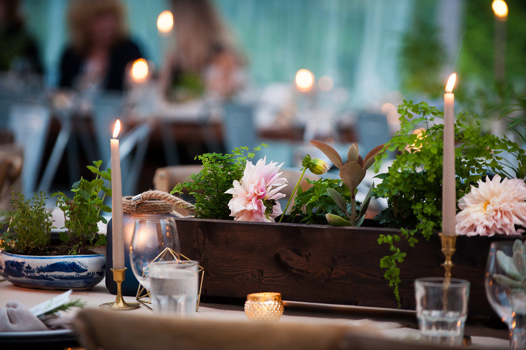 wood planters full of herb wedding