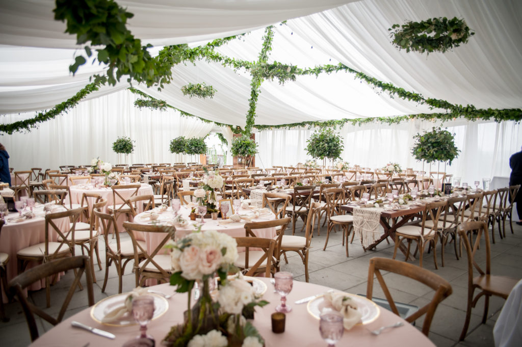 full room drape with hanging greenery seacider