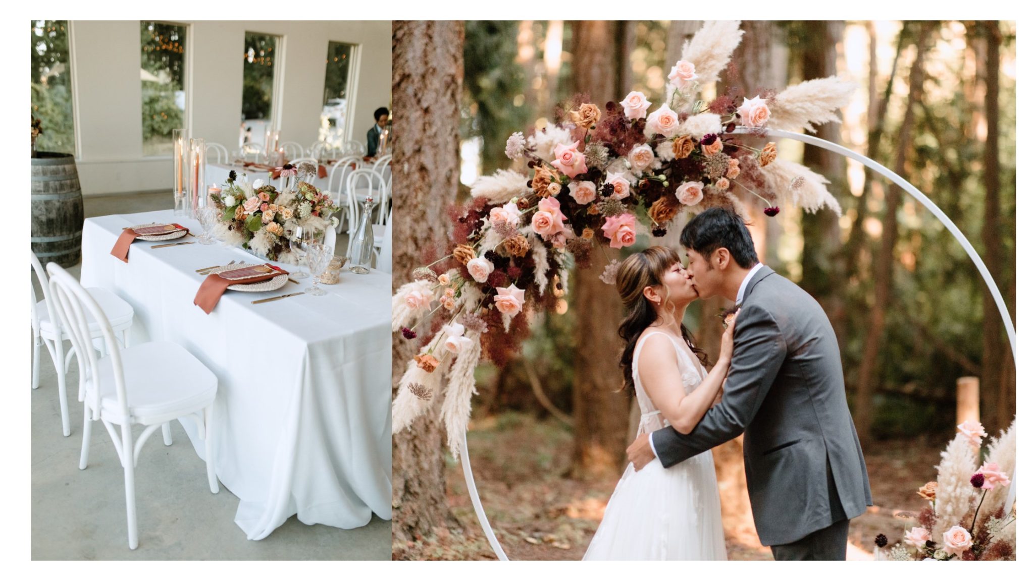 Long table set with dusty rose linens and a floral arch styled by Trend Decor
